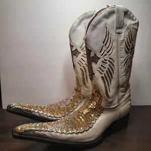 Premier Mens Cowboy Boots Botas Vaqueras Pointy Toe White Gold Sequins Size 8.5